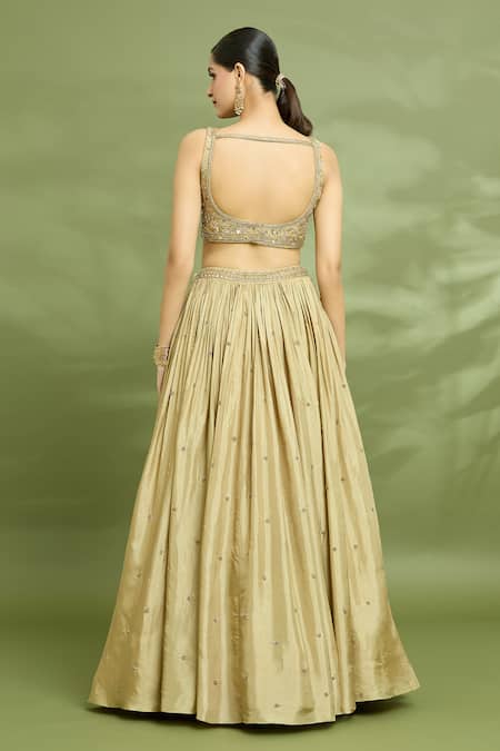 Shop Enamour By Radha Gold Organza, Silk Embroidery Round Neck Aari Blouse Lehenga Set at Aza Fashions Shop_Enamour By Radha_Gold Organza, Silk Embroidery Round Neck Aari Blouse Lehenga Set _at_Aza_Fashions
