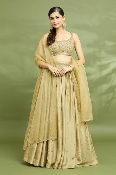 Buy Enamour By Radha Gold Organza, Silk Embroidery Round Neck Aari Blouse Lehenga Set Online at Aza Fashions Buy_Enamour By Radha_Gold Organza, Silk Embroidery Round Neck Aari Blouse Lehenga Set _Online_at_Aza_Fashions