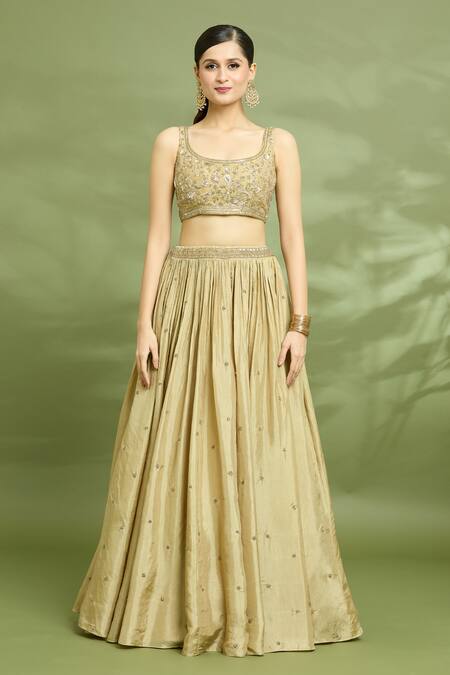 Shop Enamour By Radha Gold Organza, Silk Embroidery Round Neck Aari Blouse Lehenga Set Online at Aza Fashions Shop_Enamour By Radha_Gold Organza, Silk Embroidery Round Neck Aari Blouse Lehenga Set _Online_at_Aza_Fashions