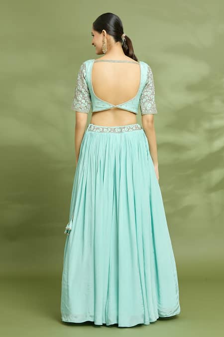 Shop Enamour By Radha Blue Chiffon, Silk Metallic Thread, Zari, Embroidery Zardosi Blouse Lehenga Set at Aza Fashions Shop_Enamour By Radha_Blue Chiffon, Silk Metallic Thread, Zari, Embroidery Zardosi Blouse Lehenga Set _at_Aza_Fashions