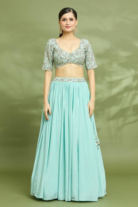 Enamour By Radha Blue Chiffon, Silk Metallic Thread, Zari, Embroidery Zardosi Blouse Lehenga Set Online at Aza Fashions Enamour By Radha_Blue Chiffon, Silk Metallic Thread, Zari, Embroidery Zardosi Blouse Lehenga Set _Online_at_Aza_Fashions