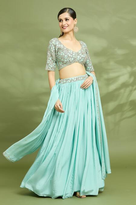 Shop Enamour By Radha Blue Chiffon, Silk Metallic Thread, Zari, Embroidery Zardosi Blouse Lehenga Set Online at Aza Fashions Shop_Enamour By Radha_Blue Chiffon, Silk Metallic Thread, Zari, Embroidery Zardosi Blouse Lehenga Set _Online_at_Aza_Fashions