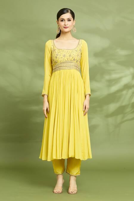 Enamour By Radha Yellow Chiffon, Silk Zari, Sequins, Embroidery Round Yoke Zardosi Anarkali Set Online at Aza Fashions Enamour By Radha_Yellow Chiffon, Silk Zari, Sequins, Embroidery Round Yoke Zardosi Anarkali Set _Online_at_Aza_Fashions