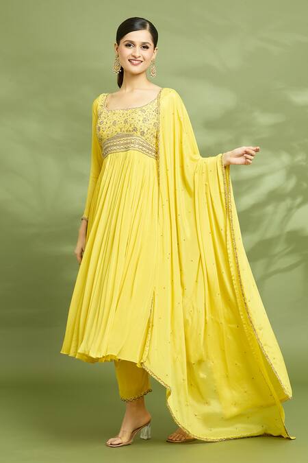 Buy Enamour By Radha Yellow Chiffon, Silk Zari, Sequins, Embroidery Round Yoke Zardosi Anarkali Set Online at Aza Fashions Buy_Enamour By Radha_Yellow Chiffon, Silk Zari, Sequins, Embroidery Round Yoke Zardosi Anarkali Set _Online_at_Aza_Fashions