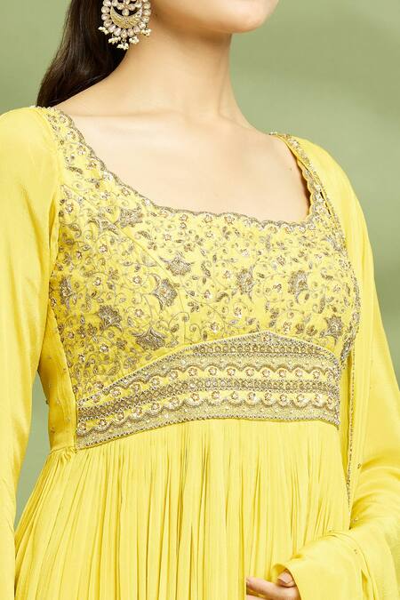 Shop Enamour By Radha Yellow Chiffon, Silk Zari, Sequins, Embroidery Round Yoke Zardosi Anarkali Set Online at Aza Fashions Shop_Enamour By Radha_Yellow Chiffon, Silk Zari, Sequins, Embroidery Round Yoke Zardosi Anarkali Set _Online_at_Aza_Fashions