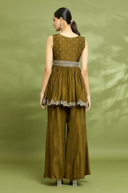 Shop Enamour By Radha Brown Chiffon, Silk Pearls, Sequins, Embroidered Peplum Top Bell Bottom Set at Aza Fashions Shop_Enamour By Radha_Brown Chiffon, Silk Pearls, Sequins, Embroidered Peplum Top Bell Bottom Set _at_Aza_Fashions