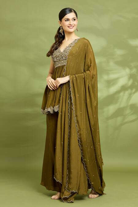 Enamour By Radha Brown Chiffon, Silk Pearls, Sequins, Embroidered Peplum Top Bell Bottom Set Online at Aza Fashions Enamour By Radha_Brown Chiffon, Silk Pearls, Sequins, Embroidered Peplum Top Bell Bottom Set _Online_at_Aza_Fashions