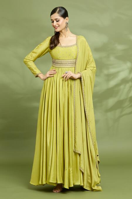 Buy Enamour By Radha Yellow Chiffon, Silk Pearls, Sequins, Yoke Embroidered Anarkali With Dupatta Online at Aza Fashions Buy_Enamour By Radha_Yellow Chiffon, Silk Pearls, Sequins, Yoke Embroidered Anarkali With Dupatta _Online_at_Aza_Fashions
