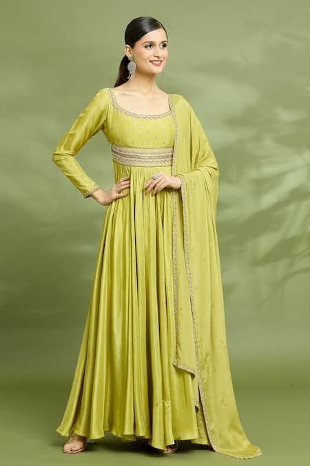 Shop Enamour By Radha Yellow Chiffon, Silk Pearls, Sequins, Yoke Embroidered Anarkali With Dupatta Online at Aza Fashions Shop_Enamour By Radha_Yellow Chiffon, Silk Pearls, Sequins, Yoke Embroidered Anarkali With Dupatta _Online_at_Aza_Fashions
