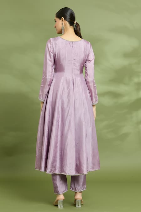 Shop Enamour By Radha Purple Chiffon, Silk Sequins, Beads V-neck Embroidered Anarkali Pant Set at Aza Fashions Shop_Enamour By Radha_Purple Chiffon, Silk Sequins, Beads V-neck Embroidered Anarkali Pant Set _at_Aza_Fashions