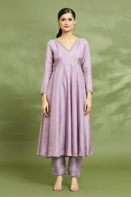 Enamour By Radha Purple Chiffon, Silk Sequins, Beads V-neck Embroidered Anarkali Pant Set Online at Aza Fashions Enamour By Radha_Purple Chiffon, Silk Sequins, Beads V-neck Embroidered Anarkali Pant Set _Online_at_Aza_Fashions