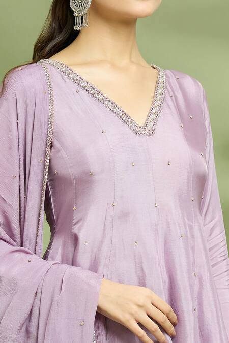 Buy Enamour By Radha Purple Chiffon, Silk Sequins, Beads V-neck Embroidered Anarkali Pant Set Online at Aza Fashions Buy_Enamour By Radha_Purple Chiffon, Silk Sequins, Beads V-neck Embroidered Anarkali Pant Set _Online_at_Aza_Fashions