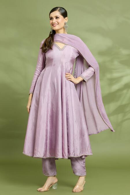 Enamour By Radha Purple Chiffon, Silk Sequins, Beads V-neck Embroidered Anarkali Pant Set at Aza Fashions Enamour By Radha_Purple Chiffon, Silk Sequins, Beads V-neck Embroidered Anarkali Pant Set _at_Aza_Fashions