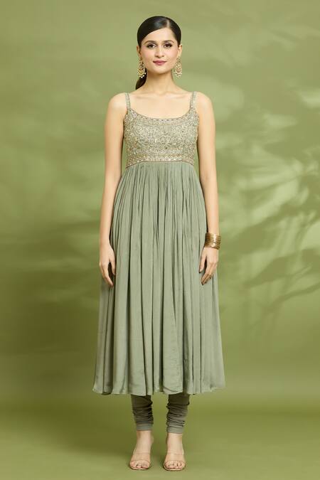 Enamour By Radha Green Cotton, Lycra, Chiffon, Silk Yoke Zari Embroidered Anarkali Churidar Set Online at Aza Fashions Enamour By Radha_Green Cotton, Lycra, Chiffon, Silk Yoke Zari Embroidered Anarkali Churidar Set _Online_at_Aza_Fashions