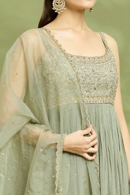 Shop Enamour By Radha Green Cotton, Lycra, Chiffon, Silk Yoke Zari Embroidered Anarkali Churidar Set Online at Aza Fashions Shop_Enamour By Radha_Green Cotton, Lycra, Chiffon, Silk Yoke Zari Embroidered Anarkali Churidar Set _Online_at_Aza_Fashions