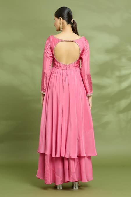 Shop Enamour By Radha Coral Crepe, Silk, Organza Beads, Yoke Embroidered Anarkali Sharara Set at Aza Fashions Shop_Enamour By Radha_Coral Crepe, Silk, Organza Beads, Yoke Embroidered Anarkali Sharara Set _at_Aza_Fashions