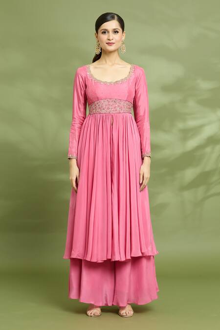 Enamour By Radha Coral Crepe, Silk, Organza Beads, Yoke Embroidered Anarkali Sharara Set Online at Aza Fashions Enamour By Radha_Coral Crepe, Silk, Organza Beads, Yoke Embroidered Anarkali Sharara Set _Online_at_Aza_Fashions