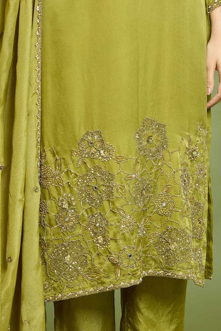 Enamour By Radha_Green Chiffon, Silk Sequins Boat Neck Placement Embroidered Tunic Pant Set _Online_at_Aza_Fashions