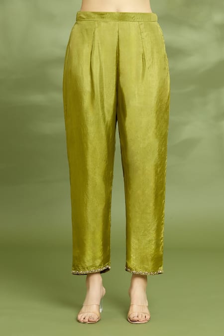 Buy_Enamour By Radha_Green Chiffon, Silk Sequins Boat Neck Placement Embroidered Tunic Pant Set _Online_at_Aza_Fashions