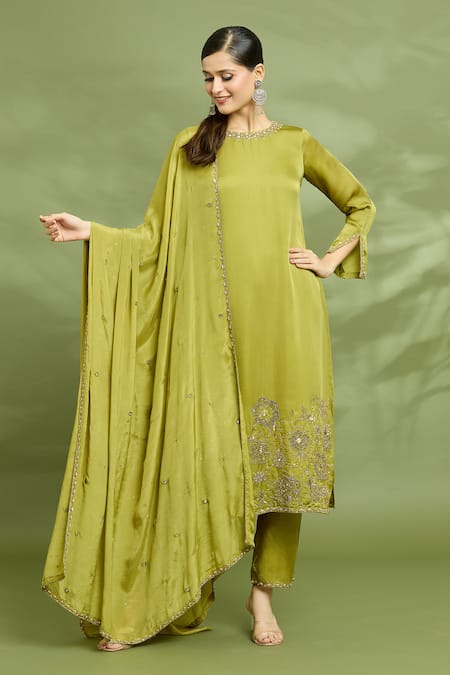 Shop_Enamour By Radha_Green Chiffon, Silk Sequins Boat Neck Placement Embroidered Tunic Pant Set _Online_at_Aza_Fashions