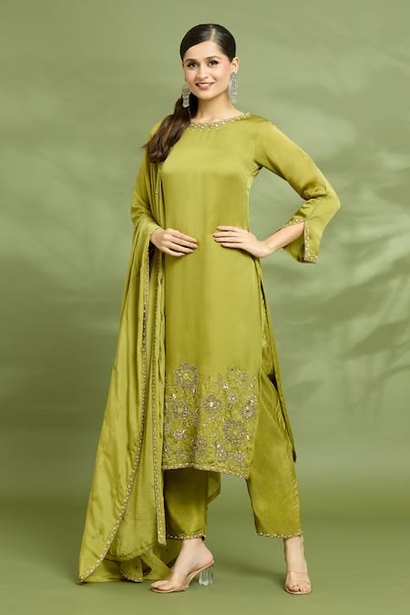 Enamour By Radha_Green Chiffon, Silk Sequins Boat Neck Placement Embroidered Tunic Pant Set _at_Aza_Fashions