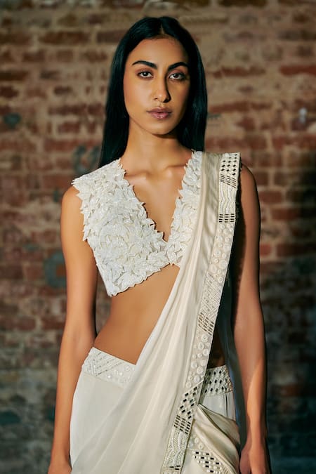 Asaga_Ivory Tulle, Satin, Organza Cut Work, Florz Border Pre-draped Saree With Blouse _Online_at_Aza_Fashions
