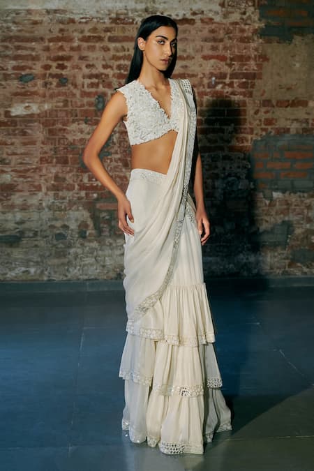 Buy_Asaga_Ivory Tulle, Satin, Organza Cut Work, Florz Border Pre-draped Saree With Blouse _Online_at_Aza_Fashions