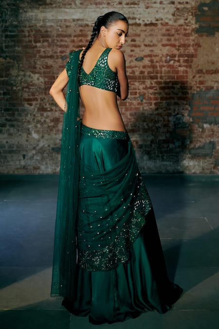 Asaga Emerald Green Tulle, Satin, Organza Wave Border Pre-draped Saree With Blouse Online at Aza Fashions Asaga_Emerald Green Tulle, Satin, Organza Wave Border Pre-draped Saree With Blouse _Online_at_Aza_Fashions