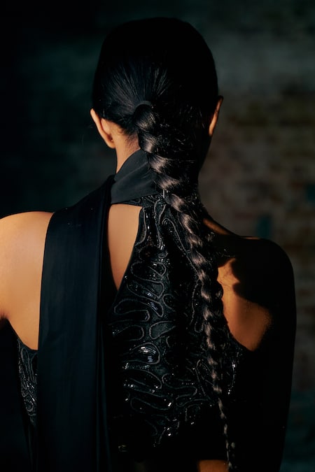 Asaga_Black Tulle, Satin, Organza Cut Work, Chemy Border Pre-draped Saree With Blouse _Online_at_Aza_Fashions