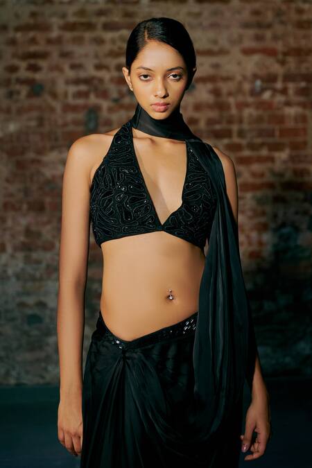 Shop_Asaga_Black Tulle, Satin, Organza Cut Work, Chemy Border Pre-draped Saree With Blouse _Online_at_Aza_Fashions