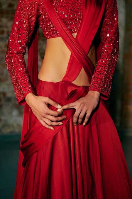 Buy Asaga Red Satin, Organza, Tulle Cut Work, Drupe Border Embroidered Saree With Blouse Online at Aza Fashions Buy_Asaga_Red Satin, Organza, Tulle Cut Work, Drupe Border Embroidered Saree With Blouse _Online_at_Aza_Fashions