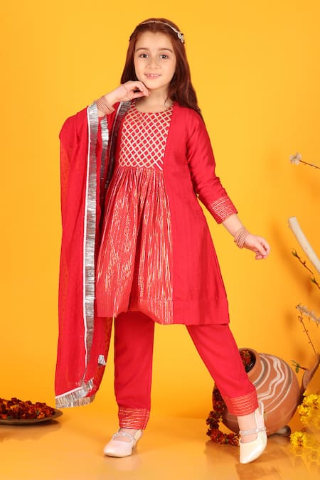 JILMIL DREAMWEAR_Red Silk Gota Patti Work Anarkali Pant Set _Online_at_Aza_Fashions