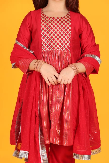 Shop_JILMIL DREAMWEAR_Red Silk Gota Patti Work Anarkali Pant Set _Online_at_Aza_Fashions