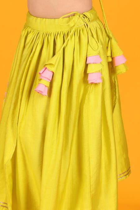 JILMIL DREAMWEAR_Yellow Silk Tassels, Gota Patti, Lotus Placement Lehenga And Blouse Set_Online_at_Aza_Fashions