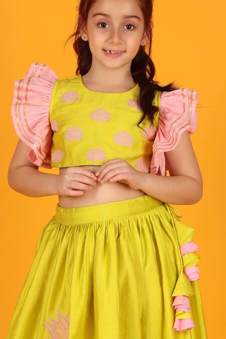 Buy_JILMIL DREAMWEAR_Yellow Silk Tassels, Gota Patti, Lotus Placement Lehenga And Blouse Set_Online_at_Aza_Fashions