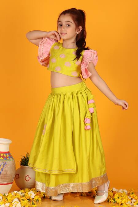 Shop_JILMIL DREAMWEAR_Yellow Silk Tassels, Gota Patti, Lotus Placement Lehenga And Blouse Set_Online_at_Aza_Fashions