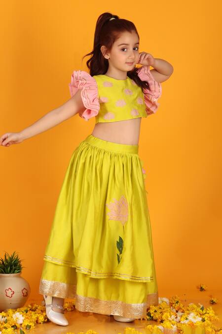 JILMIL DREAMWEAR_Yellow Silk Tassels, Gota Patti, Lotus Placement Lehenga And Blouse Set_at_Aza_Fashions