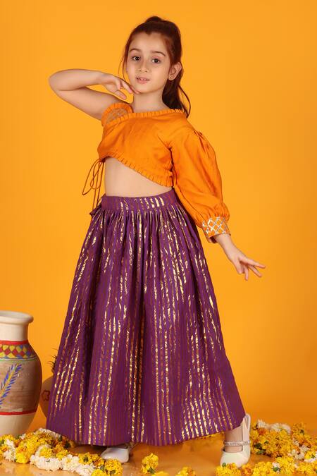 Shop_JILMIL DREAMWEAR_Purple Cotton Gota Patti Linear Woven Lehenga And Blouse Set _Online_at_Aza_Fashions