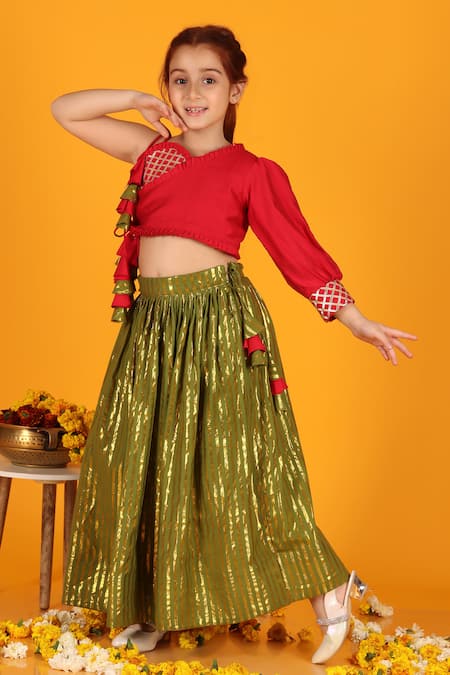 JILMIL DREAMWEAR_Green Cotton Embroidery, Gota Patti Woven Lehenga And Blouse Set _at_Aza_Fashions