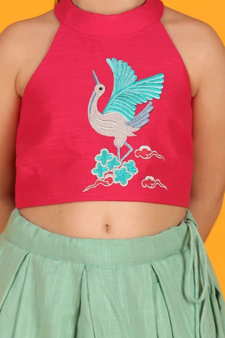 Buy_JILMIL DREAMWEAR_Green Cotton Tassels, Embroidery Lehenga And Bird Blouse Set _Online_at_Aza_Fashions