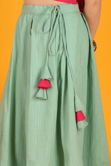 Shop_JILMIL DREAMWEAR_Green Cotton Tassels, Embroidery Lehenga And Bird Blouse Set _Online_at_Aza_Fashions
