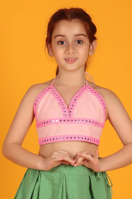 JILMIL DREAMWEAR_Green Cotton Mirrors Pleated Lehenga And Pink Blouse Set _Online_at_Aza_Fashions