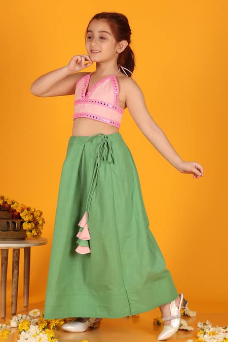 Buy_JILMIL DREAMWEAR_Green Cotton Mirrors Pleated Lehenga And Pink Blouse Set _Online_at_Aza_Fashions