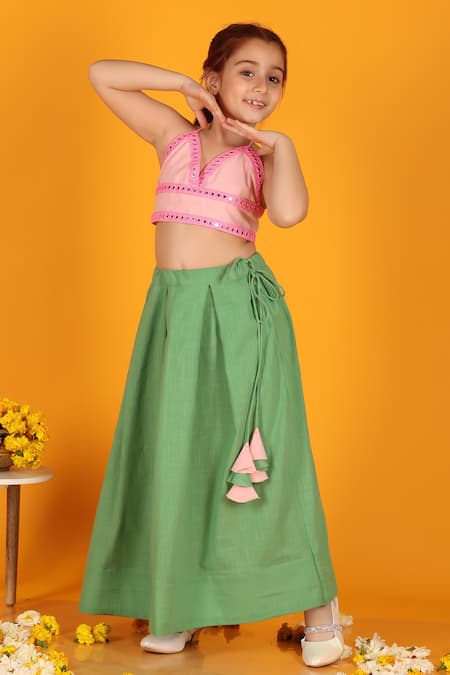 Shop_JILMIL DREAMWEAR_Green Cotton Mirrors Pleated Lehenga And Pink Blouse Set _Online_at_Aza_Fashions