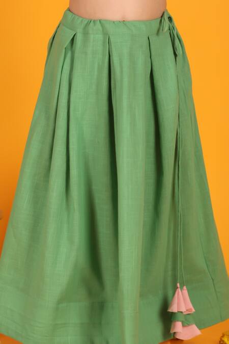 JILMIL DREAMWEAR_Green Cotton Mirrors Pleated Lehenga And Pink Blouse Set _at_Aza_Fashions