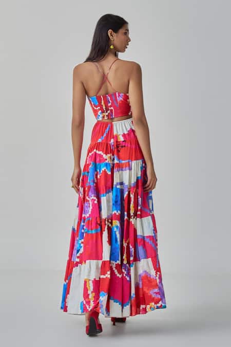 Shop_Saaksha & Kinni_Pink Cotton Square Neck Hannah Ikat Flared Maxi Dress _at_Aza_Fashions
