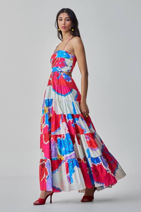 Saaksha & Kinni_Pink Cotton Square Neck Hannah Ikat Flared Maxi Dress _Online_at_Aza_Fashions