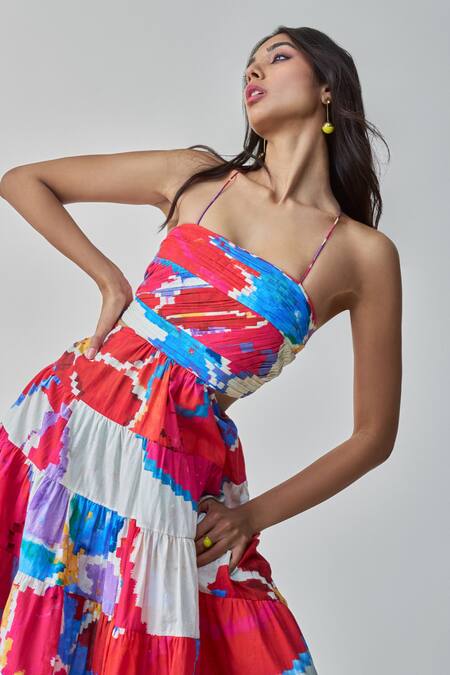 Buy_Saaksha & Kinni_Pink Cotton Square Neck Hannah Ikat Flared Maxi Dress _Online_at_Aza_Fashions