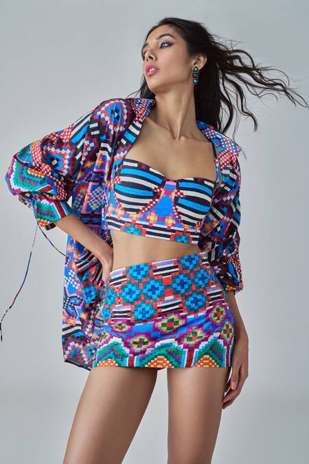 Saaksha & Kinni_Blue Cotton Sia Ikat Print Skort _Online_at_Aza_Fashions