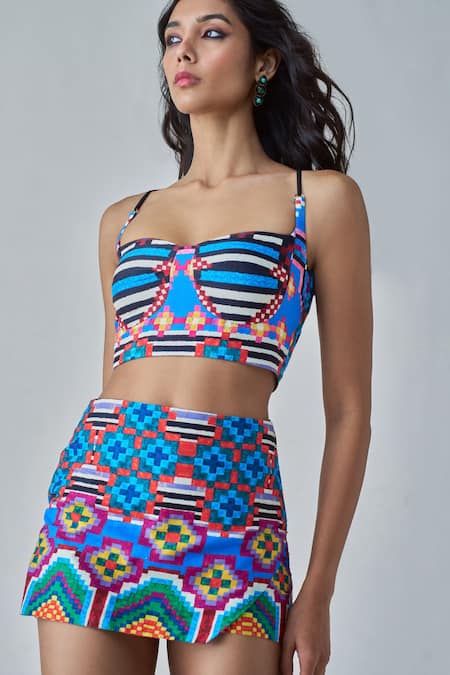 Buy_Saaksha & Kinni_Blue Cotton Sia Ikat Print Skort _Online_at_Aza_Fashions